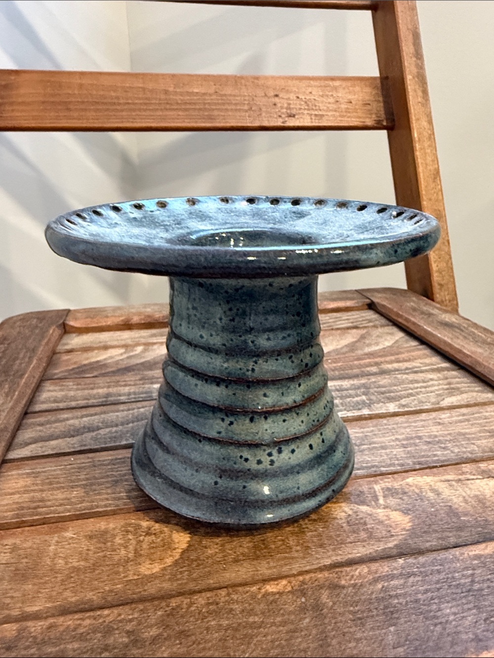 Handmade Studio Pottery Pedestal Candle Riser Stand Blue Speckled Glaze Signed